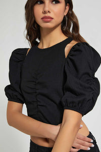 Redtag-Black-Textured-Ruching-Cold-Shoulder-Top-Blouses-Women's-