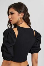 Load image into Gallery viewer, Redtag-Black-Textured-Ruching-Cold-Shoulder-Top-Blouses-Women&#39;s-
