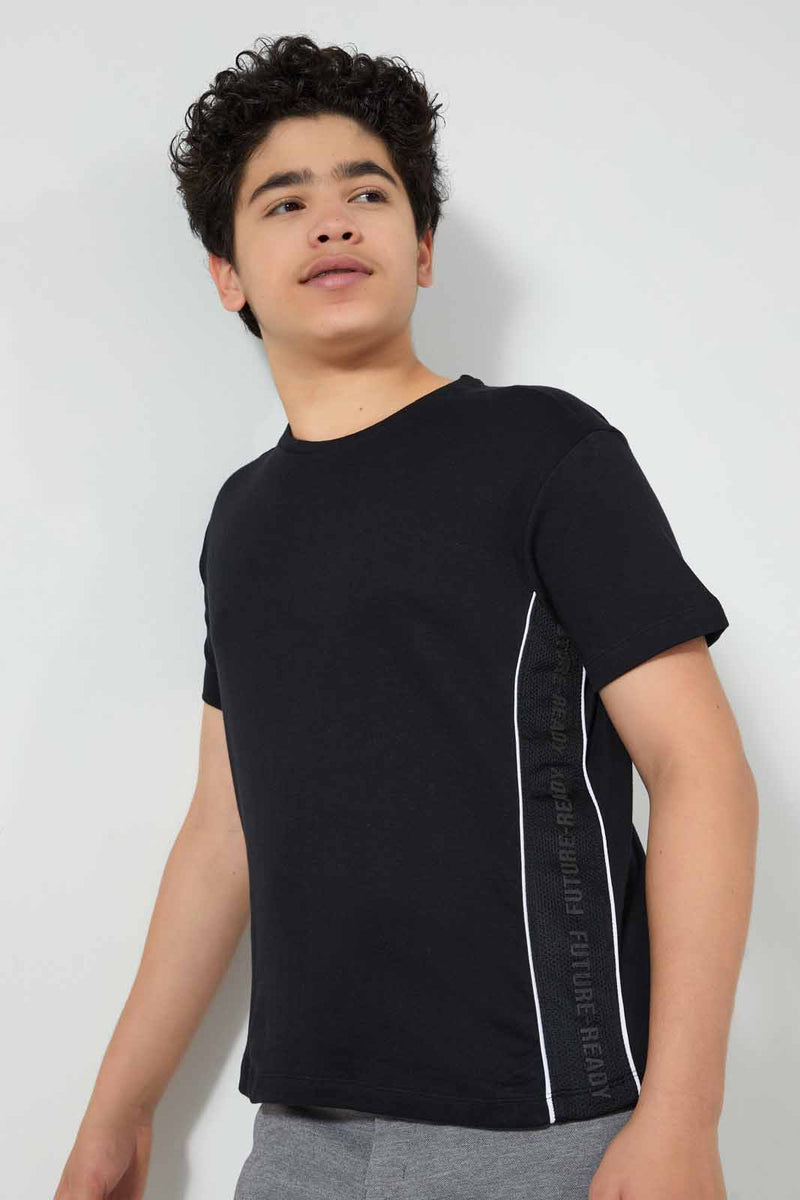 Redtag-Black-Side-Print-T-Shirt-Embellished-T-Shirts-Senior-Boys-9 to 14 Years