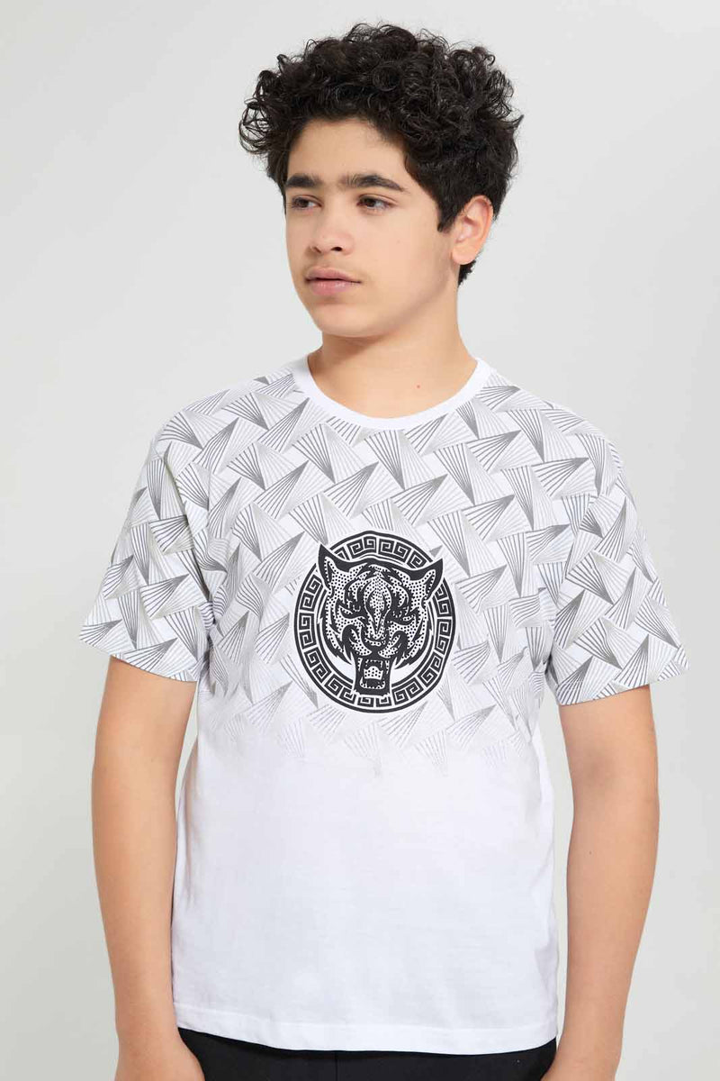 Redtag-White-Tiger-With-Studs-T-Shirt-Embellished-T-Shirts-Senior-Boys-9 to 14 Years