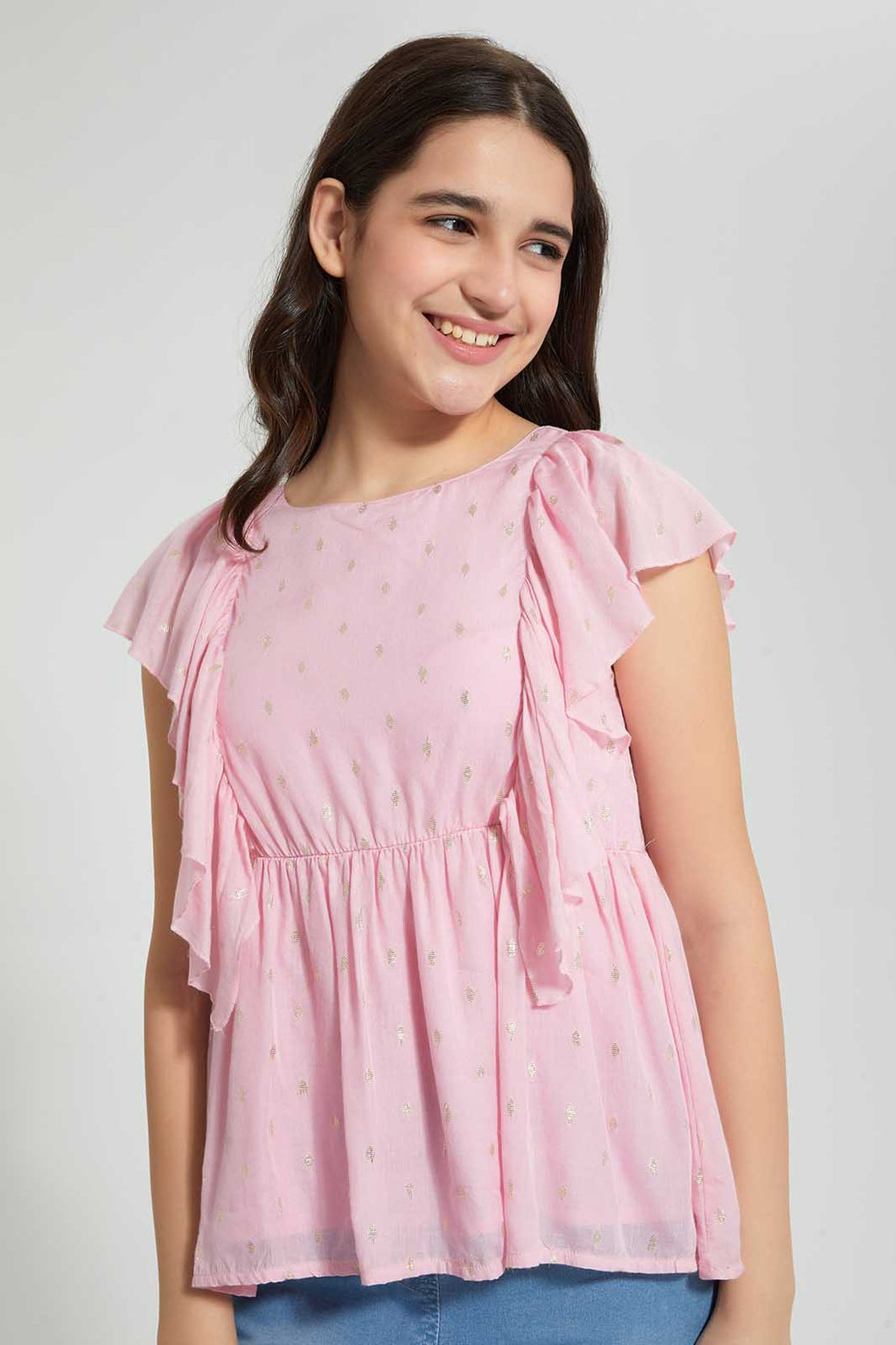 Redtag-Pink/Gold-Dobby-Ruffled-Dobby-Blouse-Blouses-Senior-Girls-9 to 14 Years