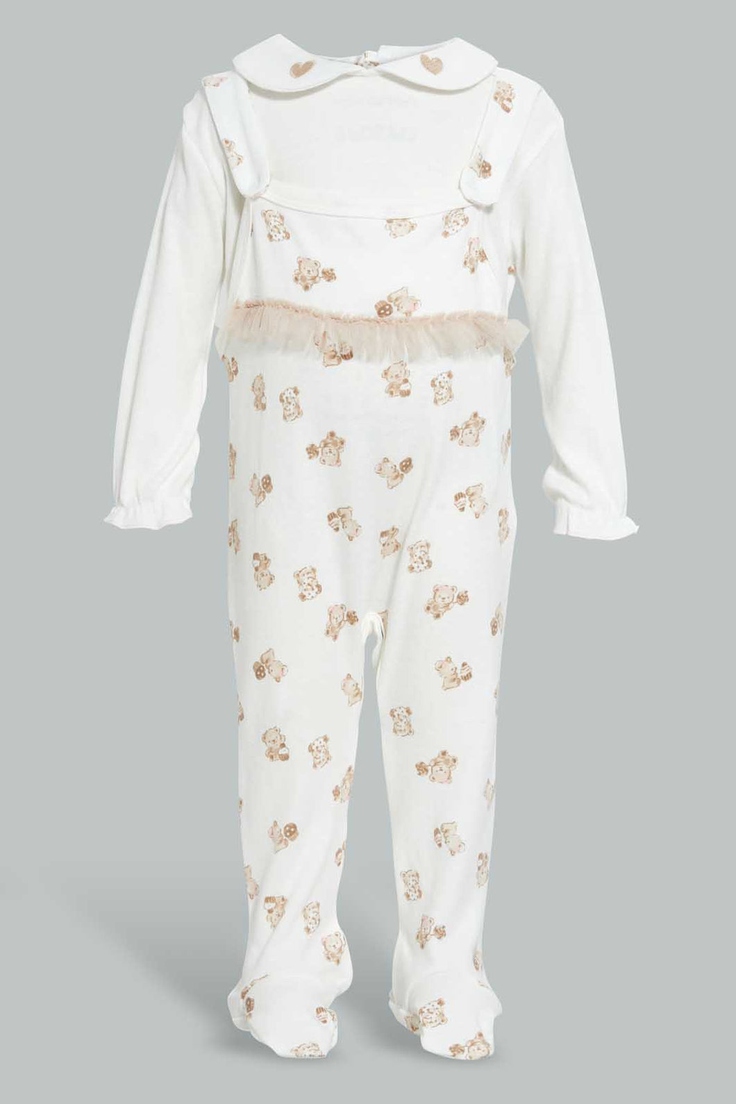 Redtag-Beige-And-White-Bear-Duangree-Sleep-Suit-With-Frill-Sleepsuits-Baby-0 to 12 Months