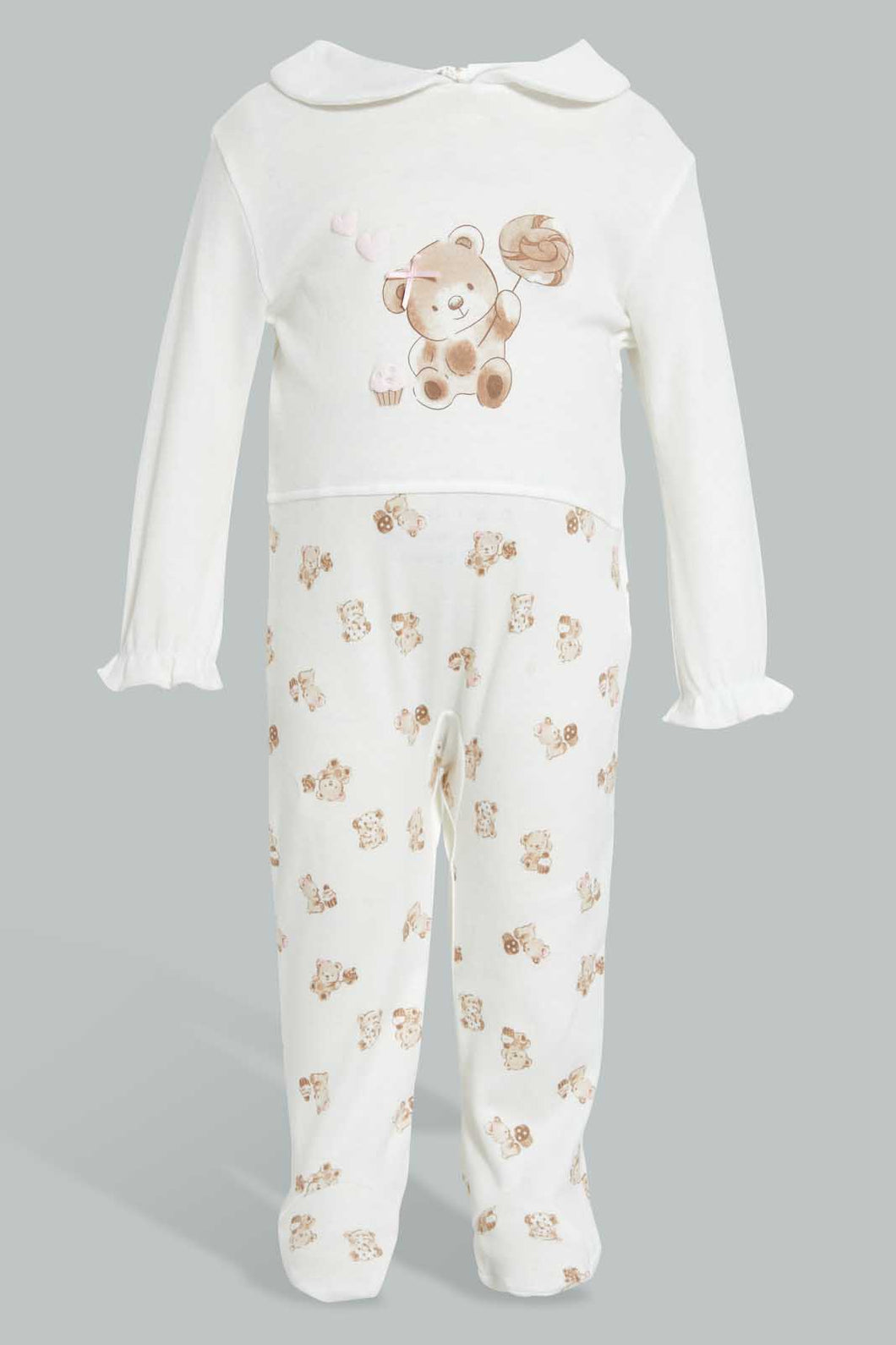 Redtag-Beige-And-White-Bear-Cut-And-Sewn-Sleep-Suit-Sleepsuits-Baby-0 to 12 Months