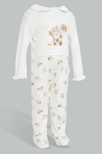 Redtag-Beige-And-White-Bear-Cut-And-Sewn-Sleep-Suit-Sleepsuits-Baby-0 to 12 Months