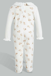 Redtag-Beige-And-White-Bear-Cut-And-Sewn-Sleep-Suit-Sleepsuits-Baby-0 to 12 Months