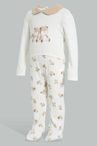 Redtag-Beige-And-White-Bear-Peterpan-Collar-Sleep-Suit-Sleepsuits-Baby-0 to 12 Months