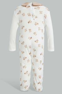 Redtag-Beige-And-White-Bear-Peterpan-Collar-Sleep-Suit-Sleepsuits-Baby-0 to 12 Months