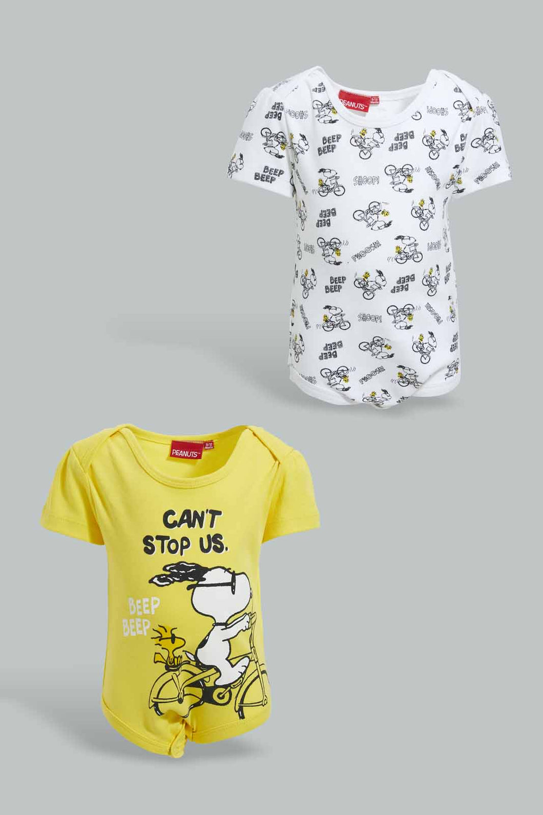 Redtag-Yellow-Snoopy-2-Piece-Pack-Body-Suit-Bodysuits-Baby-0 to 12 Months