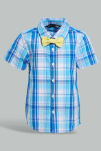 Load image into Gallery viewer, Redtag-Blue-Check-Bow-Shirt-With-White-Short-Set-Sets-Infant-Boys-3 to 24 Months
