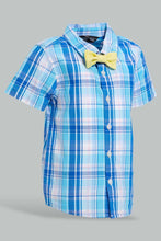 Load image into Gallery viewer, Redtag-Blue-Check-Bow-Shirt-With-White-Short-Set-Sets-Infant-Boys-3 to 24 Months
