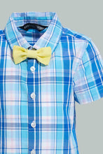 Load image into Gallery viewer, Redtag-Blue-Check-Bow-Shirt-With-White-Short-Set-Sets-Infant-Boys-3 to 24 Months
