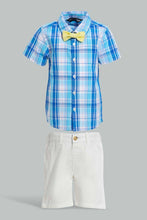 Load image into Gallery viewer, Redtag-Blue-Check-Bow-Shirt-With-White-Short-Set-Sets-Infant-Boys-3 to 24 Months
