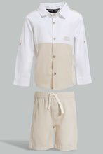 تنزيل الصورة على معرض الصور، Redtag-White-And-Grey-Cut-And-Sew-Shirt-With-Matching-Short-Set-Sets-Infant-Boys-3 to 24 Months
