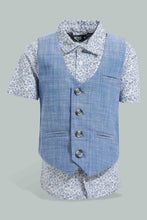 تنزيل الصورة على معرض الصور، Redtag-Blue-Vest-Coat-With-Printed-Short-Sleeve-Shirt-Set-Sets-Infant-Boys-3 to 24 Months
