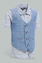 تنزيل الصورة على معرض الصور، Redtag-Blue-Vest-Coat-With-Printed-Short-Sleeve-Shirt-Set-Sets-Infant-Boys-3 to 24 Months
