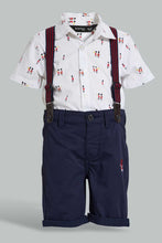 Load image into Gallery viewer, Redtag-White-Short-Slv-Shirt-With-Navy-Short-With-Suspender-Set-Sets-Infant-Boys-3 to 24 Months
