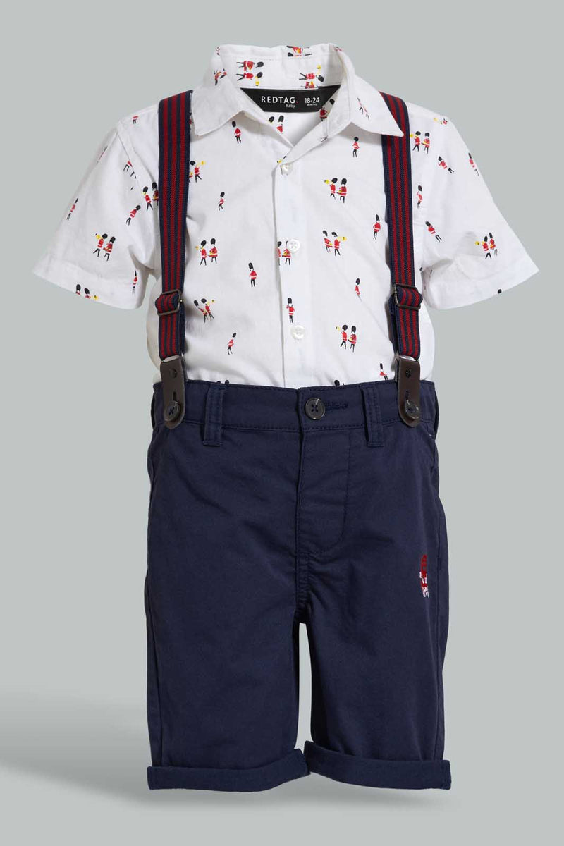 Redtag-White-Short-Slv-Shirt-With-Navy-Short-With-Suspender-Set-Sets-Infant-Boys-3 to 24 Months