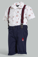 Load image into Gallery viewer, Redtag-White-Short-Slv-Shirt-With-Navy-Short-With-Suspender-Set-Sets-Infant-Boys-3 to 24 Months
