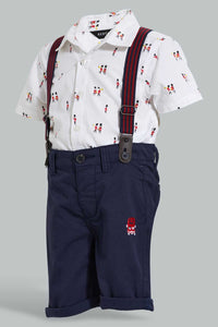 Redtag-White-Short-Slv-Shirt-With-Navy-Short-With-Suspender-Set-Sets-Infant-Boys-3 to 24 Months