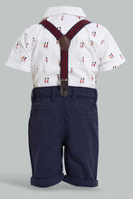 Load image into Gallery viewer, Redtag-White-Short-Slv-Shirt-With-Navy-Short-With-Suspender-Set-Sets-Infant-Boys-3 to 24 Months
