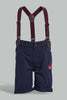 Redtag-White-Short-Slv-Shirt-With-Navy-Short-With-Suspender-Set-Sets-Infant-Boys-3 to 24 Months