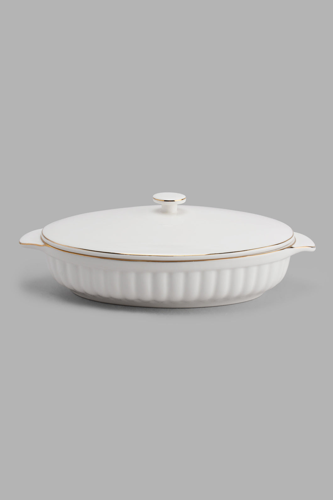 Redtag-White-Embossed-Oval-Serving-Dish-With-Lid-&-Gold-Rim-Category:Servewares,-Colour:White,-Filter:Home-Dining,-HMW-DIN-Sew-Serveware,-New-In,-New-In-HMW-DIN,-Non-Sale,-PERIGOLD,-S22C,-Section:Homewares-Home-Dining-