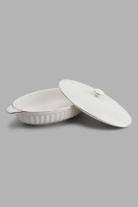 Redtag-White-Embossed-Oval-Serving-Dish-With-Lid-&-Gold-Rim-Category:Servewares,-Colour:White,-Filter:Home-Dining,-HMW-DIN-Sew-Serveware,-New-In,-New-In-HMW-DIN,-Non-Sale,-PERIGOLD,-S22C,-Section:Homewares-Home-Dining-