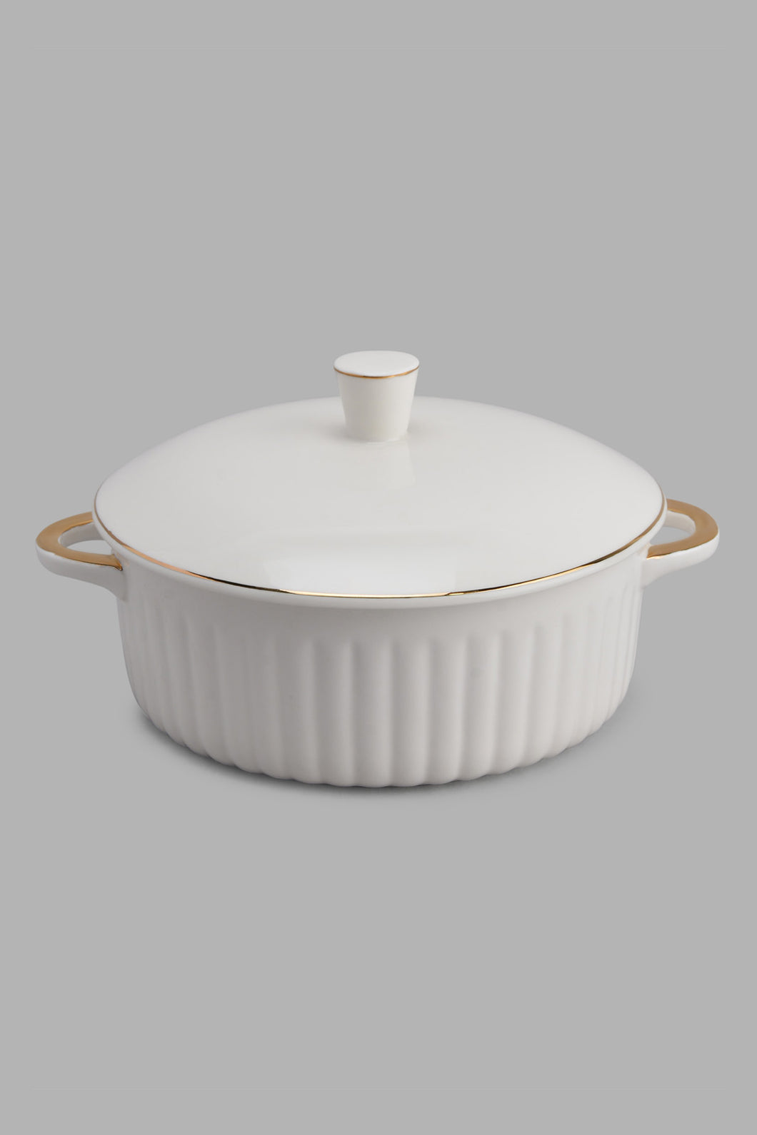 Redtag-White-Embossed-Round-Casserole-With-Lid-&-Gold-Rim-Category:Bakeware,-Colour:White,-Filter:Home-Dining,-HMW-DIN-Sew-Serveware,-New-In,-New-In-HMW-DIN,-Non-Sale,-PERIGOLD,-S22C,-Section:Homewares-Home-Dining-