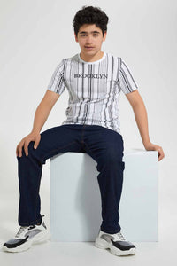 Redtag-White-New-York-Stripe-T-Shirt-Striped-T-Shirts-Senior-Boys-9 to 14 Years