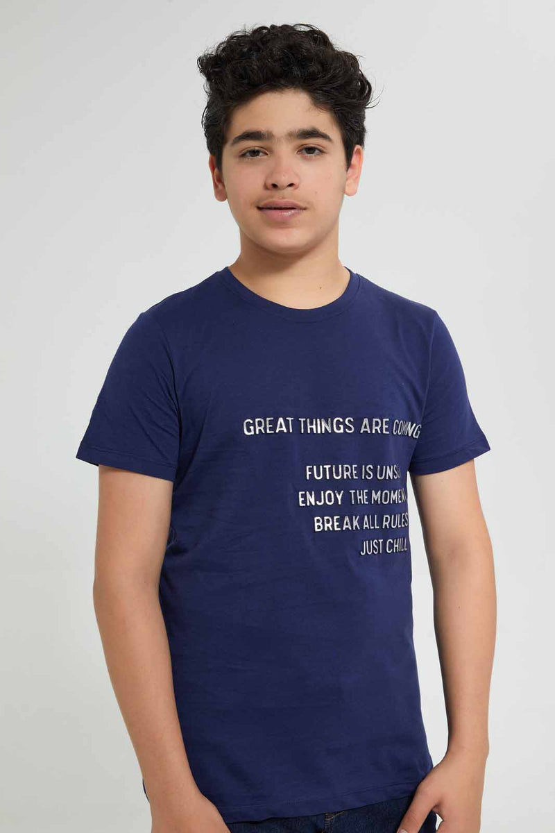 Redtag-Navy-Hd-Text-T-Shirt-Graphic-T-Shirts-Senior-Boys-9 to 14 Years