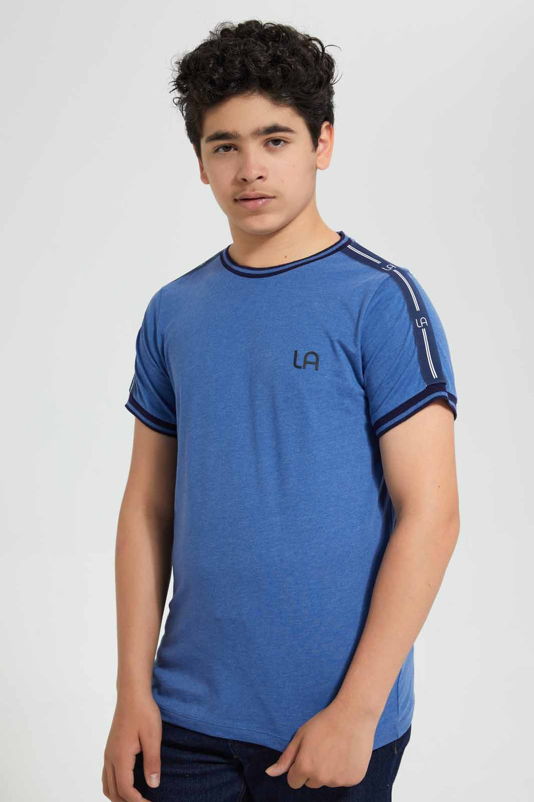 Redtag-Sky-Blue-Tape-T-Shirt-Embellished-T-Shirts-Senior-Boys-9 to 14 Years