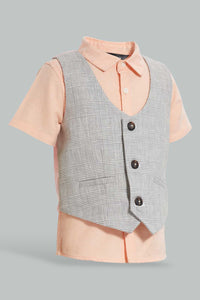 Redtag-Grey-Vest-Coat-With-Pink-Shirt-Short-Sleeve-Set-Sets-Infant-Boys-3 to 24 Months