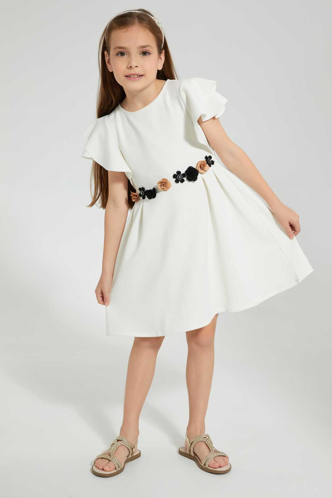 Redtag-White-Floral-Embellished-Ruffled-Sleeve-Dress-Dresses-Girls-2 to 8 Years