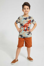 تنزيل الصورة على معرض الصور، Redtag-Beige-Dino-Aop-T-Shirt-And-Short-Set-Sets-Boys-2 to 8 Years
