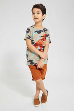 تنزيل الصورة على معرض الصور، Redtag-Beige-Dino-Aop-T-Shirt-And-Short-Set-Sets-Boys-2 to 8 Years
