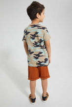 تنزيل الصورة على معرض الصور، Redtag-Beige-Dino-Aop-T-Shirt-And-Short-Set-Sets-Boys-2 to 8 Years
