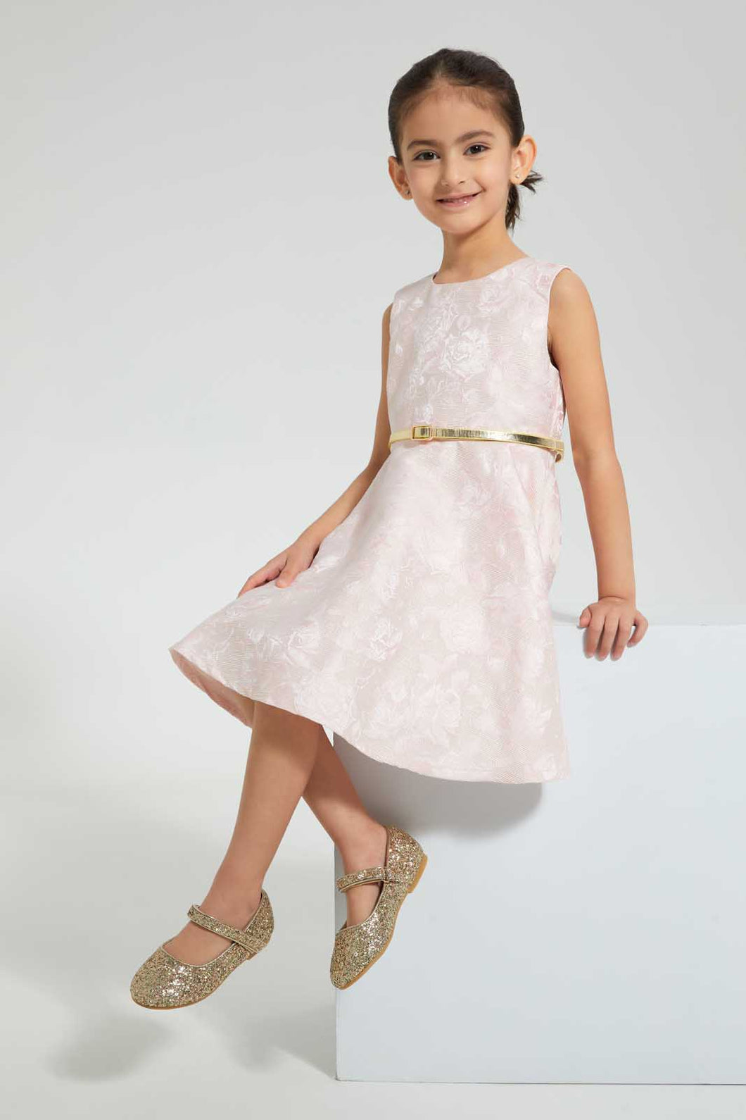 Redtag-Pink-Jacquard-Dress-Dresses-Girls-2 to 8 Years