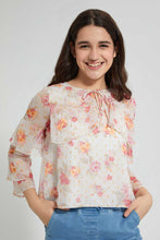 Load image into Gallery viewer, Redtag-White-Floral-Print-Layered-Sleeve-Dobby-Top-Blouses-Senior-Girls-9 to 14 Years
