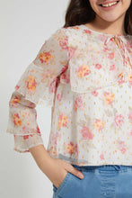 Load image into Gallery viewer, Redtag-White-Floral-Print-Layered-Sleeve-Dobby-Top-Blouses-Senior-Girls-9 to 14 Years
