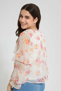 Redtag-White-Floral-Print-Layered-Sleeve-Dobby-Top-Blouses-Senior-Girls-9 to 14 Years