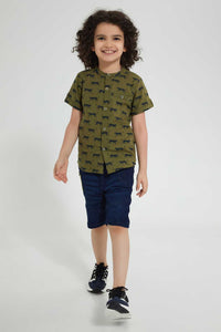 Redtag-Midwash-Dino-Embossed-Ribbed-Waistband-Knit-Denim-Short-Denim-Shorts-Boys-2 to 8 Years