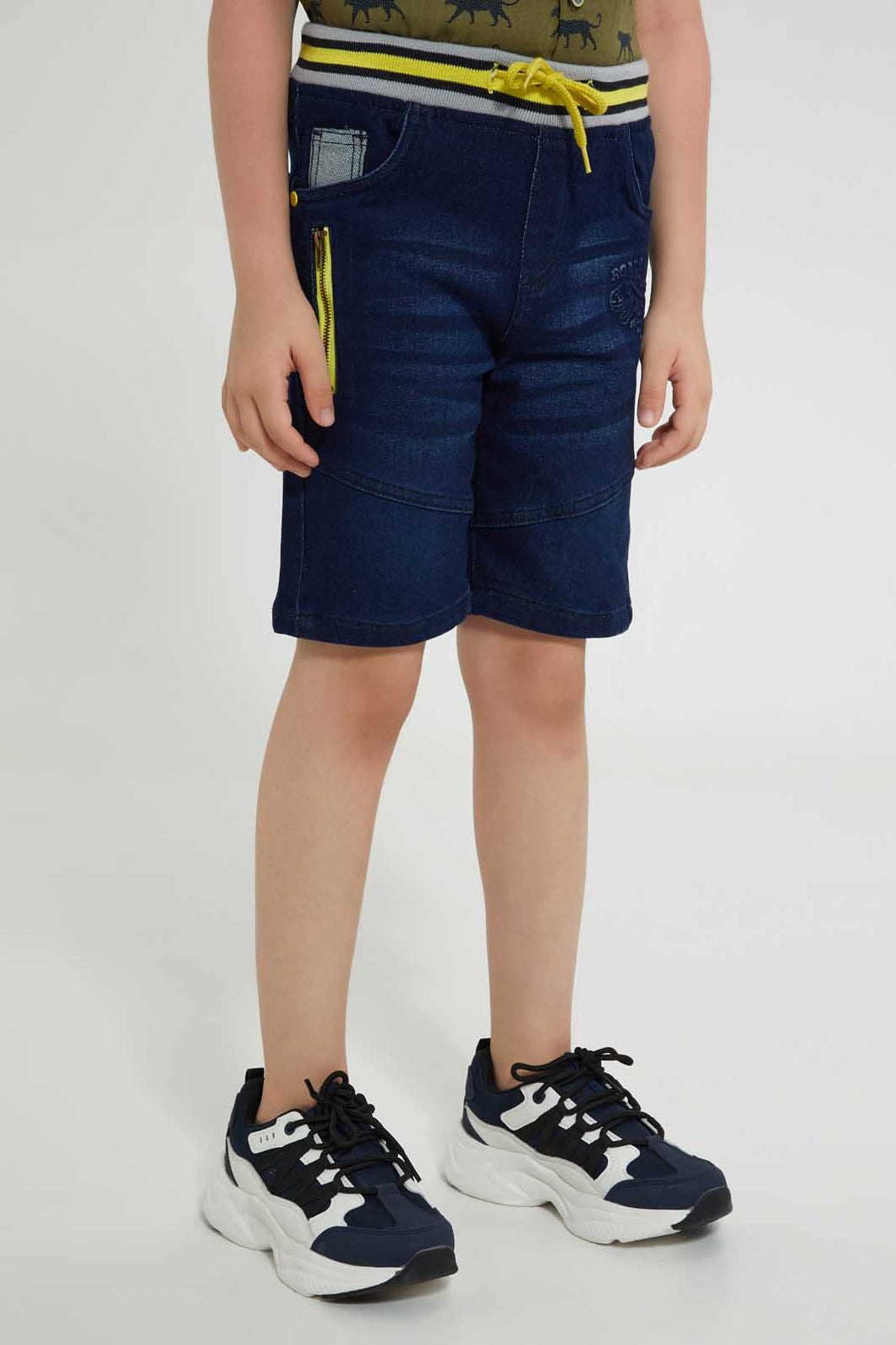 Redtag-Midwash-Dino-Embossed-Ribbed-Waistband-Knit-Denim-Short-Denim-Shorts-Boys-2 to 8 Years