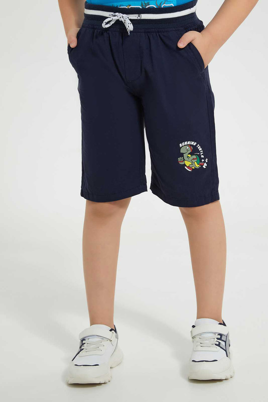 Redtag-Navy-Rib-Waist-Band-Turtle-Print-Short-Casual-Shorts-Boys-2 to 8 Years