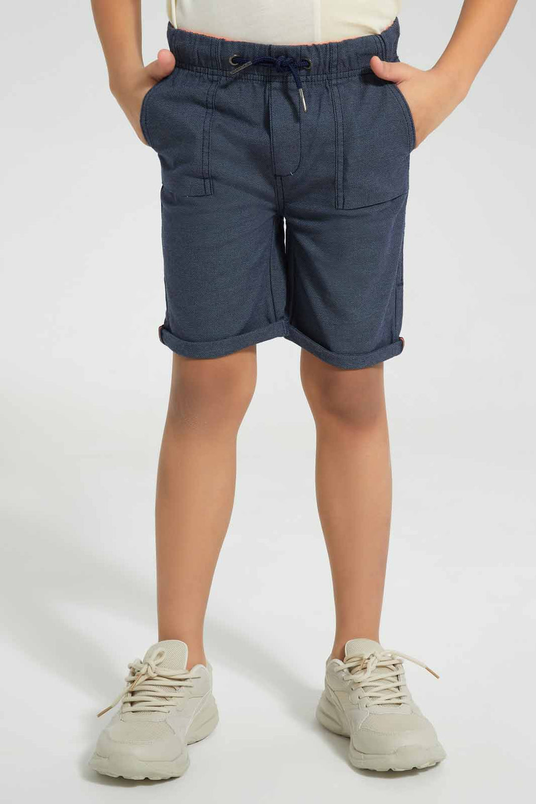 Redtag-Navy-Dobby-Pullon-Short-Pull-On-Shorts-Boys-2 to 8 Years