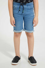 تنزيل الصورة على معرض الصور، Redtag-Lightwash-Knit-Denim-Elasticated-Waist-Short-Denim-Shorts-Boys-2 to 8 Years
