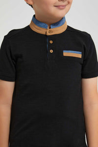 Redtag-Black-Stand-Up-Polo-With-Pocket-Polo-Shirts-Boys-2 to 8 Years