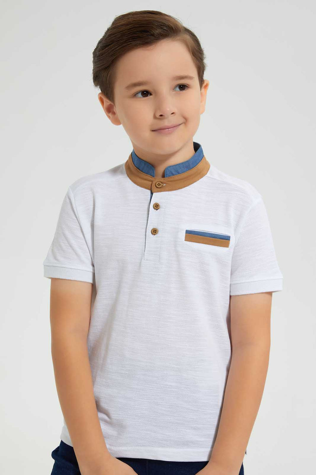 Redtag-White-Stand-Up-Collar-Polo-With-Pocket-Polo-Shirts-Boys-2 to 8 Years