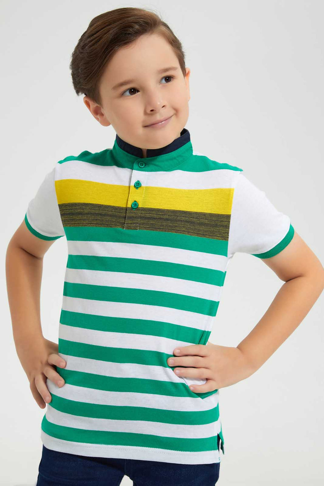 Redtag-Mint-Horizontal-Stripe-Stand-Collar-Polo-Shirt-Polo-Shirts-Boys-2 to 8 Years