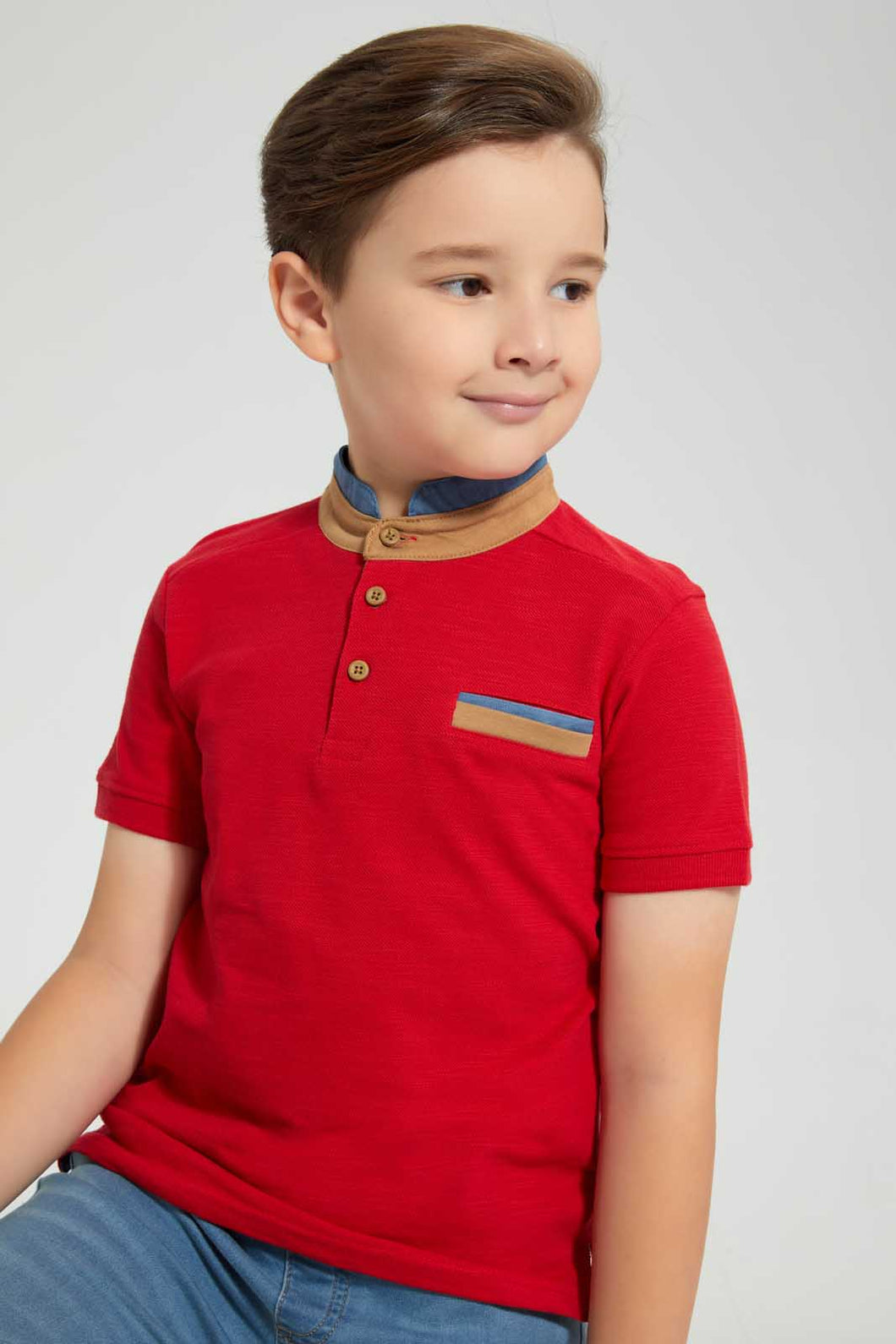 Redtag-Red-Horizontal-Stripe-Stand-Collar-Polo-Shirt-Polo-Shirts-Boys-2 to 8 Years