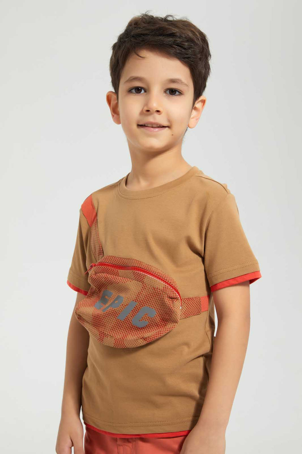 Redtag-Brown-Pouch-Bag-T-Shirt-Graphic-T-Shirts-Boys-2 to 8 Years